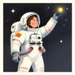 ( ( dither ) ), editorial illustration portrait of a young astronaut girl reaching for the stars, colorful modern, mads berg, karolis strautniekas, christopher balaskas, fine texture, dynamic pose, detailed, matte print, muted color, lomography, ( ( risograph ) )