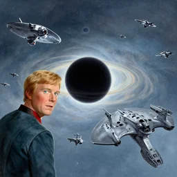 the orville and the enterprise fighting off a cylon fleet orbiting a black hole, concept art, 8 k, painted