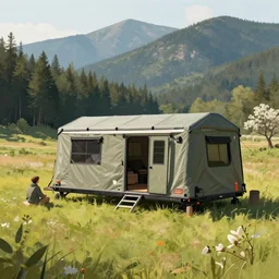 cabela's outdoors micro - compact modular hard shell pod home, family dwelling, quick assembly, glamping, person in foreground, mountainous forested wilderness open fields, beautiful views, painterly concept art, joanna gaines, environmental concept art, farmhouse, magnolia, concept art illustration by ross tran, james gurney, by craig mullins, by greg rutkowski