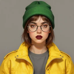 girl wearing a yellow jacket a green beanie, gray shirt, thick eyebrows, dark red lips, round eyeglasses, highly detailed, digital painting, artstation, concept art, smooth, sharp focus, illustration, art by artgerm and greg rutkowski and alphonse mucha