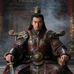 moody portrait of a tai warlord sitting in throne in royal hall. camera is right in front of him. very symmetric face. he has serious expression. he is staring right into camera. he is wearing traditional costume and leather armor and bronze headdress. he is holding a iron dagger in his hand. smoke machine effects, the light is dim, and the colours are muted, studio photography