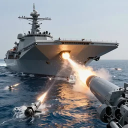 USS Gerald Ford launches strikes against the enemy force, digital painting, 8K, highly detailed, trending on Artstation