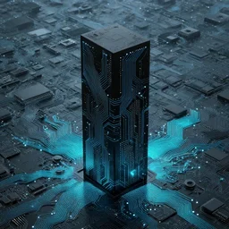 a black monolith in a sea of circuit boards, digital art
