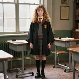 hermione granger wearing school uniform at her desk in a classroom next to a window, tumblr, full body, stylish, photo by james baynes