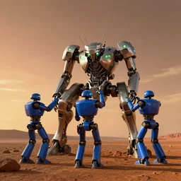 3 humanoid blue metallic robots repairing a giant huge mechanical futuristic silver metallic mantis robot with glowing green lamps on the surface of mars with sunset, hyperdetailed, realistic, long shot
