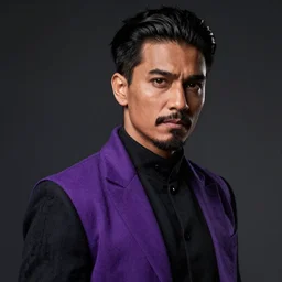 portrait, a slender ringleader wearing purple and black, tan skin, black hair, goatee, style by donato giancola, wayne reynolds, jeff easley dramatic light, high detail, cinematic lighting, artstation, dungeons and dragons