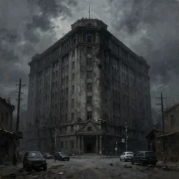 dark oil realistic painting of extremely ominous large building in gloomy communist streets