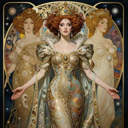queen of the galaxy by alex grey, zaha hadid, alphonse mucha. highly detailed, hyper - real, very beautiful, intricate fractal details, very complex, opulent, epic, mysterious, polished, futuristic design, trending on deviantart and artstation