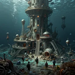 people living in an undersea city in the ocean, detailed illustration, concept art, muted colour palette, highly detailed, high contrast, strong lighting