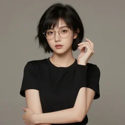 portrait of an asian trans girl with very short black hair and glasses, wearing a black t-shirt, digital art, elegant pose, masterpiece
