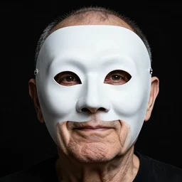 high contrast studio close - up portrait of a wrinkled old man wearing a pulcinella mask, clear eyes looking into camera, baggy clothing and hat, backlit, dark mood, nikon, photo by philippe halsman, masterpiece