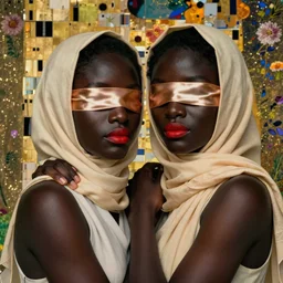Woman holding another woman, arm around her neck, black skin color, both have red lips, wearing a hijab, silk ribbon over her eyes, Gustav Klimt style, against a background of flowers, Photorealism