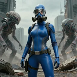 big budget scifi movie set in postapocalyptic world with alien brainsuckers sexy female cyborg in military blue rubber and gas mask in ruins of city