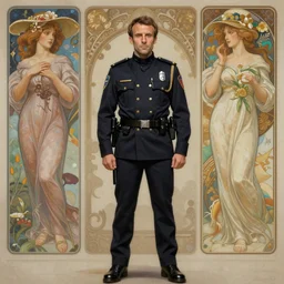 portrait of stoic looking emmanuel macron, full body, police uniform, intricate, hivis, elegant, beautiful, highly detailed, digital painting, artstation, concept art, smooth, sharp focus, illustration, art by artgerm and greg rutkowski and alphonse mucha