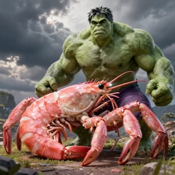 a huge pink shrimp crustacean mixed with the incredible hulk, ultra realistic digital artwork