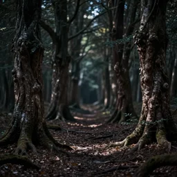 ancient forest, empty, very dark theme, unfocused, hd, night, blurry