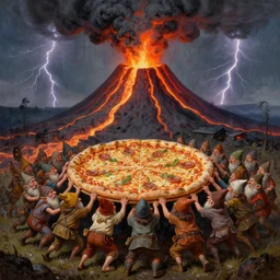 a hoard of strange gnome like people struggling and grabbing for a very large pizza in front of a volcano spewing lava and black smoke, from below, streams of glowing hot lava, flashes of lightning in the distance, wide shot, long shot, an ultrafine detailed painting by joe fenton, deviantart, pop surrealism, whimsical