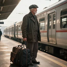 Old man with a newsboy hat waits for a train with a lot of baggage on a platform, trains in the background, low angle, morning hard light, realistic digital art