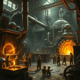 a fantasy factory, numerous halfling workers with apron, metal melting furnace and immense forge, realistic shaded lighting poster by craig mullins and john berkey, radiant light, detailed and intricate environment, digital art, art station trends