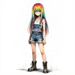 a grungy pizza delivery woman with rainbow hair, soft eyes and narrow chin, dainty figure, long hair straight down, torn overalls, short shorts, combat boots, side boob, wet tshirt, raining, basic white background, symmetrical, watercolor, pen and ink, intricate line drawings, by Yoshitaka Amano, Ruan Jia, Kentaro Miura, Artgerm, detailed, trending on artstation, hd, masterpiece,