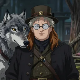 George R.R. Martin as Jon Snow wearing glasses and a George R.R. Martin hat with a Dire Wolf by his side, ambient lighting, 4k, anime key visual, lois van baarle, ilya kuvshinov, rossdraws, artstation