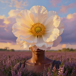 closeup, large flower under head, african woman in heather field, surreal photography, golden hour, colorful clouds, impressionist painting, digital painting, artstation, simon stalenhag