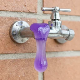 photo of purple translucent slime coming out of a silver faucet, brick wall, 50mm, beautiful photo