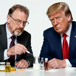 Highly detailed photo of Walter White and Donald trump making meth