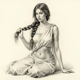 pencil sketch of a beautiful young supple woman sitting and braiding her long hair. wearing garbs, belly button, greek aesthetic