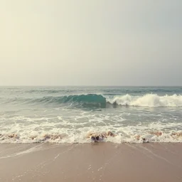 first person view of breaking waves on the shore, summer, delicate fog, sea breeze rises in the air, by andreas rocha and john howe, and Martin Johnson Heade, featured on artstation, featured on behance, golden ratio, ultrawide angle, f32, well composed