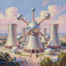 a beautiful oil painting of a sci-fi atomic nuclear modular power plant, 4k unreal engine renders, ultra-wide angle, by victo ngai, Jen Yoon, Geof Darrow, Peter Mohrbacher, johfra bosschart,Thomas Kinkade,miho hirano , HD, pastel color scheme