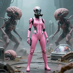 big budget scifi movie set in postapocalyptic world with alien brainsuckers sexy female cyborg in shiny pink rubber and gas mask standing near time machine