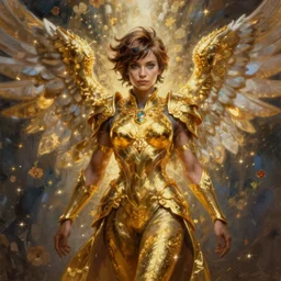 full body oil painting of tracer overwatch in the style of sophie anderson, angel wings, angelic golden armor, dramatic painting, symmetrical composition, ornate, high detail, gold detailed collar, blooming, lights, flowers,