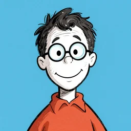 man with glasses, dark short curly hair smiling, illustration in the style of dr. suess