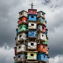close - up view of a tower made up of colourful makeshift squatter shacks, bleached colours, moody cloudy sky, dystopia, mamiya, f 1. 8, very detailed, photographed by bruno barbey and man ray