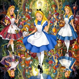 a beautiful insanely intricate illustration of alice in wonderland, reflexions, colorfull, by william turner art, by greg rutkowski, by james jean, by rossdraws, by frank franzzeta, by sakimichan, trending on artstation, insanely detailed, contur lines, masterpiece, octane render, 8 k