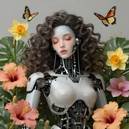 a beautiful fine art portrait photo of a resting cyberpunk gigeresque robot, wavy hair spread out, surrounded by hibiscus, daffodils, moth orchids, swallowtail butterflies, montsera leaves by tom bagshaw and zach sutton, soft studio lighting, 50mm lens, very detailed, bionic, robotic, deep depth of field, artstation, 4K
