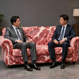 realistic photograph of couch made out of meat, business men sitting on couch made out of meat and talking,