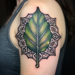 photograph of a mandala tattoo depicting a monsters leaf