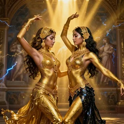 two asian girls dancing, liquid golden and black fluid, magic hour, dramatic light, liquid painting, golden bodypaint, yellow and blue lightning, world best photography, indian patterns, bokeh, golden jewelry filigree, body detaily, ornaments, fresco by michaelangelo, golden rays, god rays, epic cinematic wallpaper