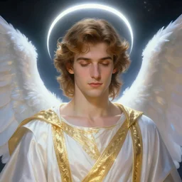 Closeup portrait of a glowing male angel, white light halo, white and gold robes, peaceful expression, by Artgerm, by Albert Edelfelt, matte painting, trending on Artstation