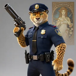 concept art of cheetah with high detail, in policeman suit with massive gun in the hand, zootopia stile, furry, realistic, warrior, concept art, artstation trending, cgsociety, octane render, unreal engine 5, stunning detail, works by wadim kashin, artherm, greg rutkowski and alphonse mucha, 8 k uhd