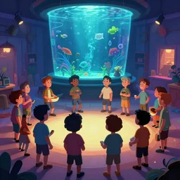 cartoon, people communicating with each other in groups of ten, a large hall, dim painterly lighting volumetric aquatics, party