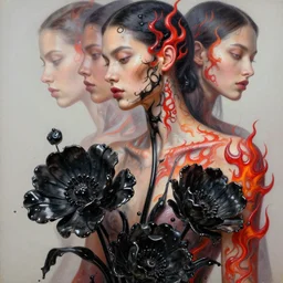 3 d, close - up, liquid black flowers, fashion model with red tattoo, flame, poster art, high detail, intricate oil painting, multiple exposure, hyperrealism, 3 d, by tooth wu and wlop and beeple and greg rutkowski