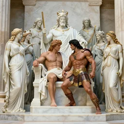 hercules gives achilles the side - eye while they wait in line to worship at zeus's feet, throne of olympus, heavenly marble, gods and goddesses in elegant clothes