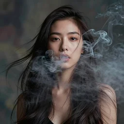 candid!! long portrait of a very very beautiful! young filipino woman with narrow face, large eyes and flowing long hair, swirling dreamy smoke and fog is coming from her mouth, face partially obscured, by conrad roset, abstract background, dramatic lighting, trending on artstation