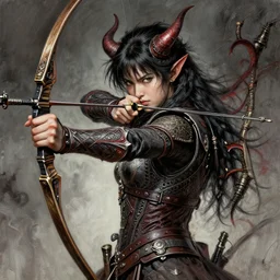 The demon archer, digital painting, lots of details, extremely detailed, 4k, intricate, brush strokes, Artgerm, Bastien Yoshitaka Amano, Shinji Aramaki