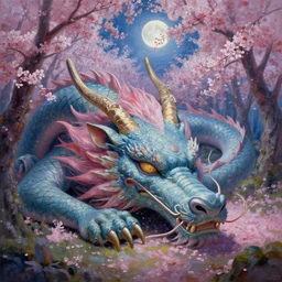 a beautiful painting of the head of a huge sleeping dragon in a cherry blossom forest, volumetric lighting, moonlit by greg rutkowski and kalin popov, trending on artstation, masterpiece,