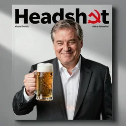 headshot magazine cover photo of communist viktor orban winking with beer, studio lighting