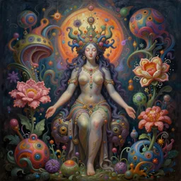 a painting by hanna yata, geenss archenti flores of the spirit of mother nature in fantastic and impossible psychedelia shapes by hanna yata, geenss archenti flores, ben ridgway, elegant, highly detailed, digital painting, artstation, concept art, ambient occlusion, vray render,